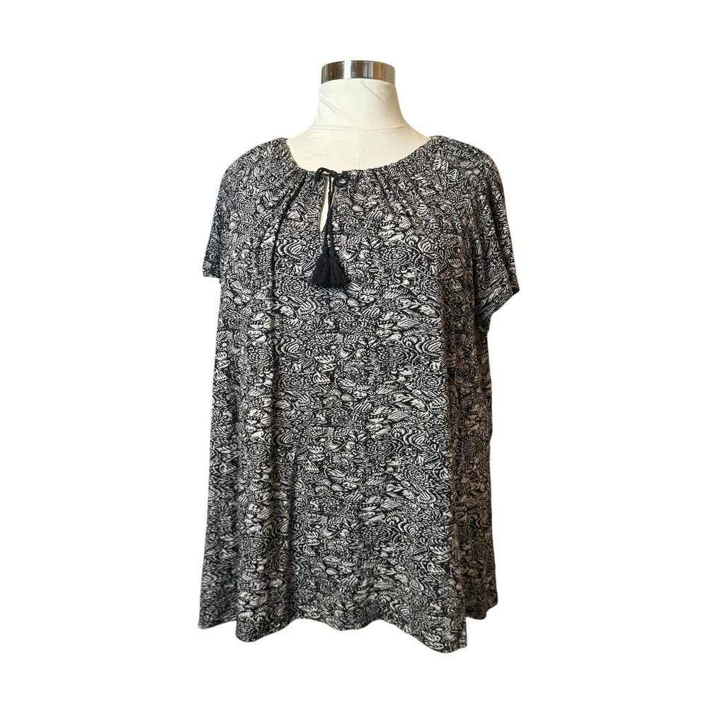 Lucky Brand Tassel Tie Black Boho Top Plus Size 3X Neutral Casual Peasant